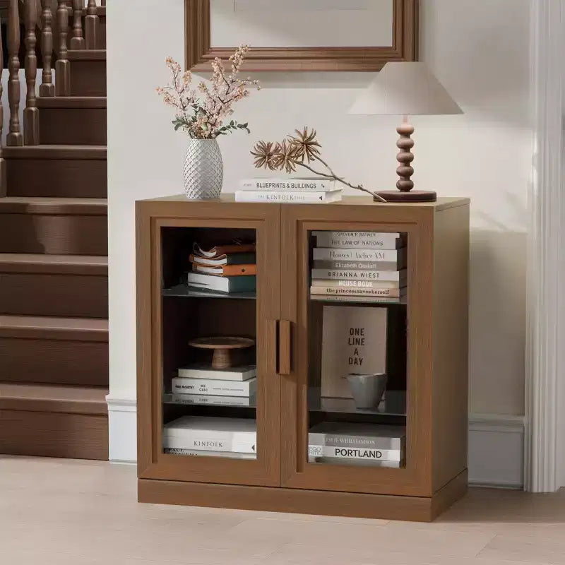 MAYEERTY Armoire de rangement haute 16 avec portes en verre, 2 étagères, meuble autoportant pour salon, cuisine, beige, 1 pièce