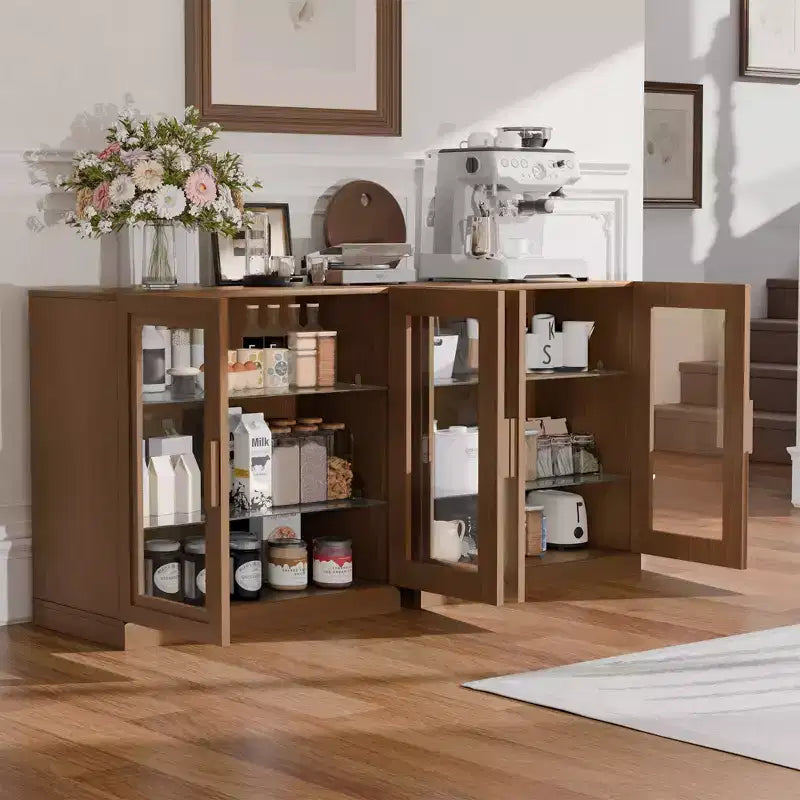 MAYEERTY Armoire de rangement haute 16 avec portes en verre, 2 étagères, meuble autoportant pour salon, cuisine, beige, 1 pièce