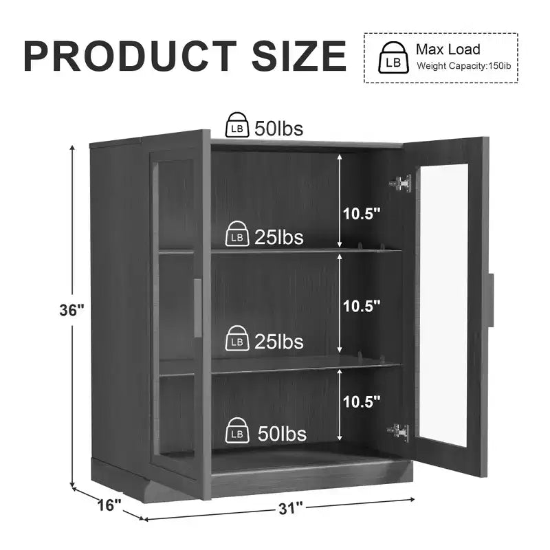 MAYEERTY Armoire de rangement haute 16 avec portes en verre, 2 étagères, meuble autoportant pour salon, cuisine, beige, 1 pièce