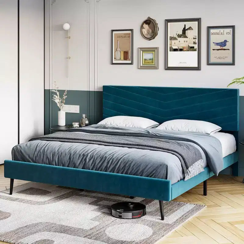 King-size bed frame, velvet upholstered platform bed, modern style bed frame, slatted support, adjustable headboard, no box spring needed