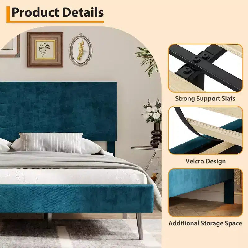 Cadre de lit king-size, lit plateforme capitonné en velours, cadre de lit de style moderne, support à lattes, tête de lit réglable, aucun sommier tapissier requis