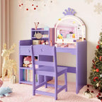 Coiffeuse enfant avec miroir lumineux et tabouret, ensemble de coiffeuse pour petite fille avec étagère ouverte, table de maquillage pour tout-petits filles