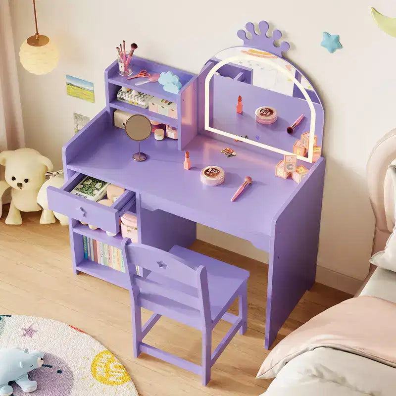 Coiffeuse enfant avec miroir lumineux et tabouret, ensemble de coiffeuse pour petite fille avec étagère ouverte, table de maquillage pour tout-petits filles