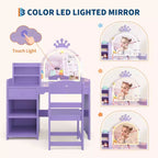 Coiffeuse enfant avec miroir lumineux et tabouret, ensemble de coiffeuse pour petite fille avec étagère ouverte, table de maquillage pour tout-petits filles