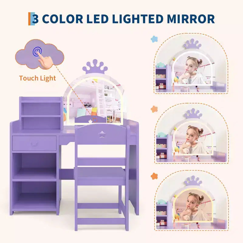 Coiffeuse enfant avec miroir lumineux et tabouret, ensemble de coiffeuse pour petite fille avec étagère ouverte, table de maquillage pour tout-petits filles