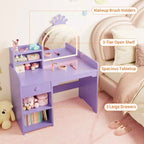 Coiffeuse enfant avec miroir lumineux et tabouret, ensemble de coiffeuse pour petite fille avec étagère ouverte, table de maquillage pour tout-petits filles