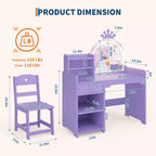 Coiffeuse enfant avec miroir lumineux et tabouret, ensemble de coiffeuse pour petite fille avec étagère ouverte, table de maquillage pour tout-petits filles