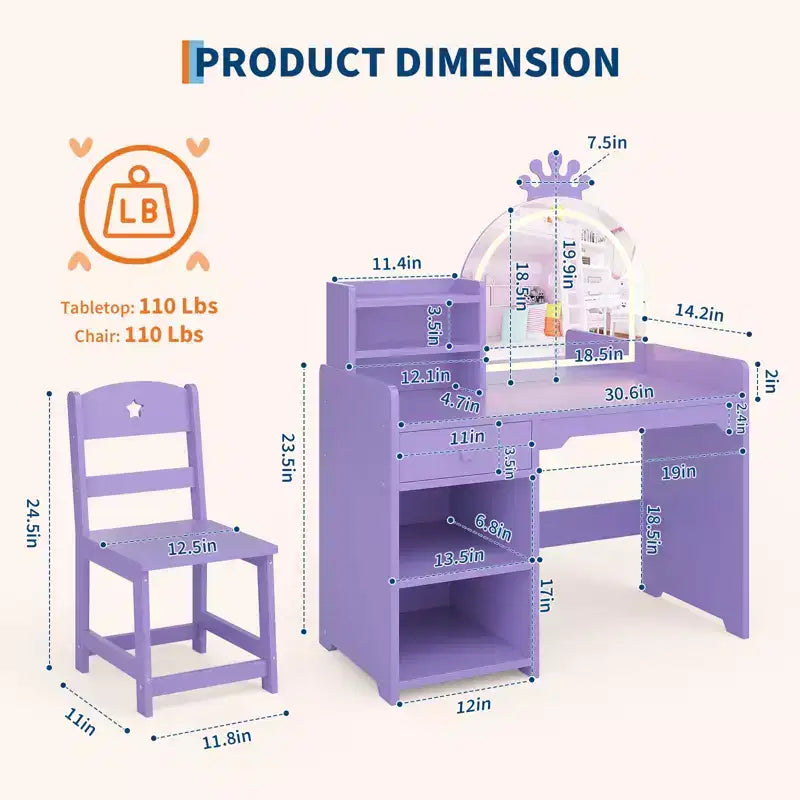 Coiffeuse enfant avec miroir lumineux et tabouret, ensemble de coiffeuse pour petite fille avec étagère ouverte, table de maquillage pour tout-petits filles