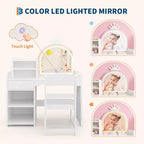 Coiffeuse enfant avec miroir lumineux et tabouret, ensemble de coiffeuse pour petite fille avec étagère ouverte, table de maquillage pour tout-petits filles