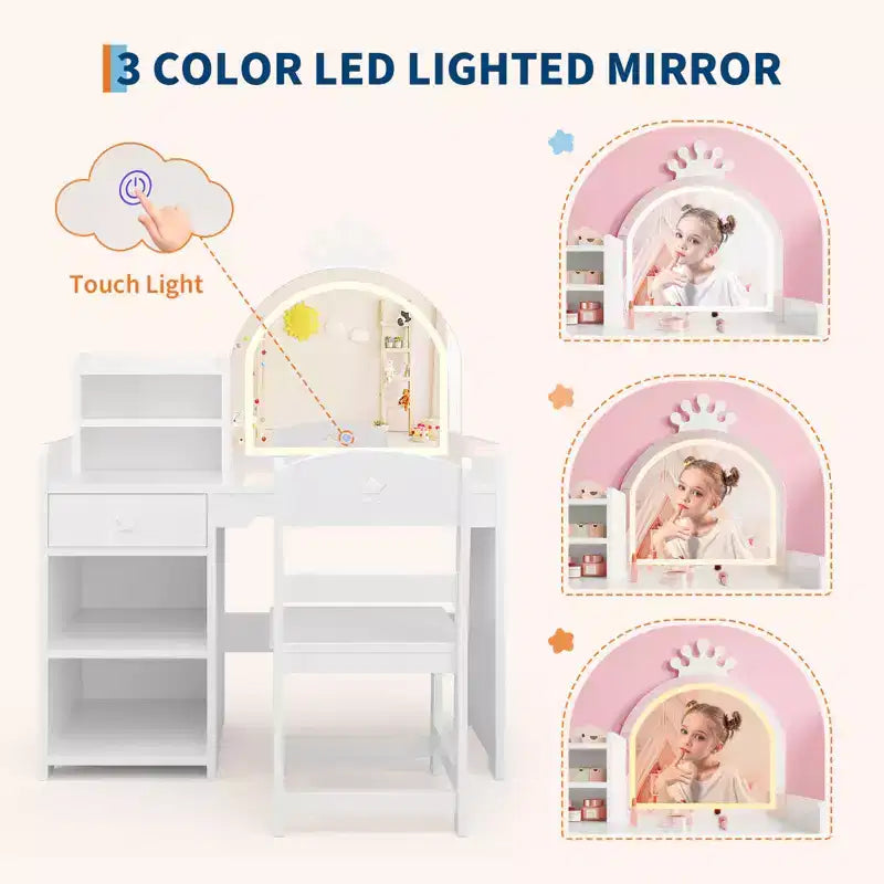 Coiffeuse enfant avec miroir lumineux et tabouret, ensemble de coiffeuse pour petite fille avec étagère ouverte, table de maquillage pour tout-petits filles