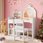 Coiffeuse enfant avec miroir lumineux et tabouret, ensemble de coiffeuse pour petite fille avec étagère ouverte, table de maquillage pour tout-petits filles