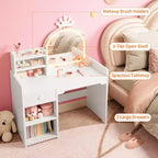 Coiffeuse enfant avec miroir lumineux et tabouret, ensemble de coiffeuse pour petite fille avec étagère ouverte, table de maquillage pour tout-petits filles