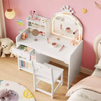 Coiffeuse enfant avec miroir lumineux et tabouret, ensemble de coiffeuse pour petite fille avec étagère ouverte, table de maquillage pour tout-petits filles