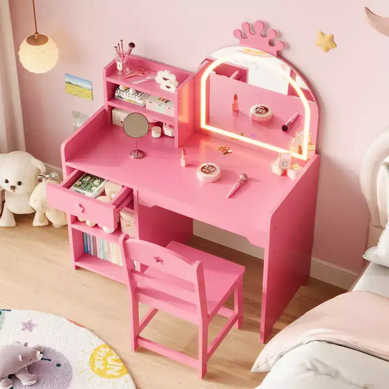 Coiffeuse enfant avec miroir lumineux et tabouret, ensemble de coiffeuse pour petite fille avec étagère ouverte, table de maquillage pour tout-petits filles