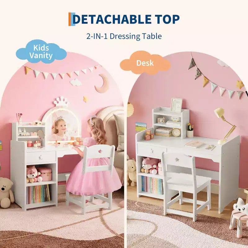 Coiffeuse enfant avec miroir lumineux et tabouret, ensemble de coiffeuse pour petite fille avec étagère ouverte, table de maquillage pour tout-petits filles