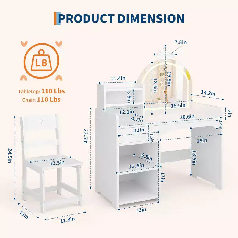 Coiffeuse enfant avec miroir lumineux et tabouret, ensemble de coiffeuse pour petite fille avec étagère ouverte, table de maquillage pour tout-petits filles
