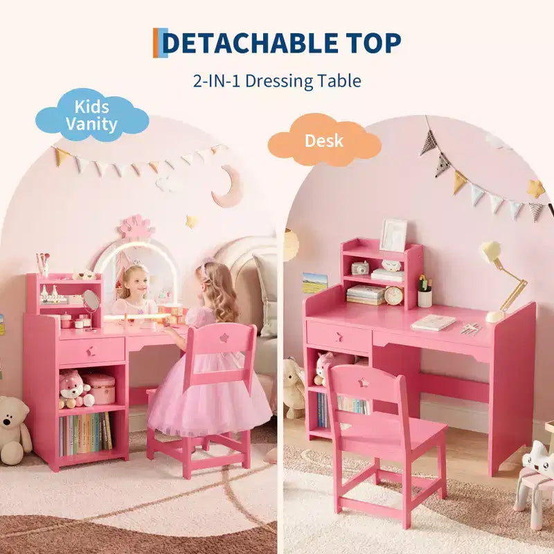 Coiffeuse enfant avec miroir lumineux et tabouret, ensemble de coiffeuse pour petite fille avec étagère ouverte, table de maquillage pour tout-petits filles