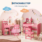Coiffeuse enfant avec miroir lumineux et tabouret, ensemble de coiffeuse pour petite fille avec étagère ouverte, table de maquillage pour tout-petits filles