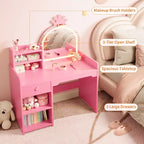 Coiffeuse enfant avec miroir lumineux et tabouret, ensemble de coiffeuse pour petite fille avec étagère ouverte, table de maquillage pour tout-petits filles