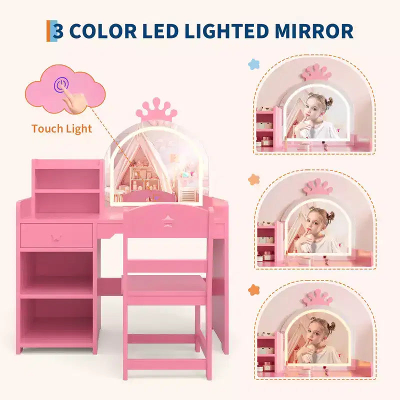 Coiffeuse enfant avec miroir lumineux et tabouret, ensemble de coiffeuse pour petite fille avec étagère ouverte, table de maquillage pour tout-petits filles