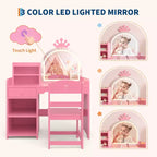 Coiffeuse enfant avec miroir lumineux et tabouret, ensemble de coiffeuse pour petite fille avec étagère ouverte, table de maquillage pour tout-petits filles