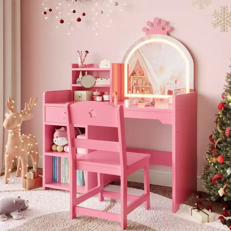 Coiffeuse enfant avec miroir lumineux et tabouret, ensemble de coiffeuse pour petite fille avec étagère ouverte, table de maquillage pour tout-petits filles