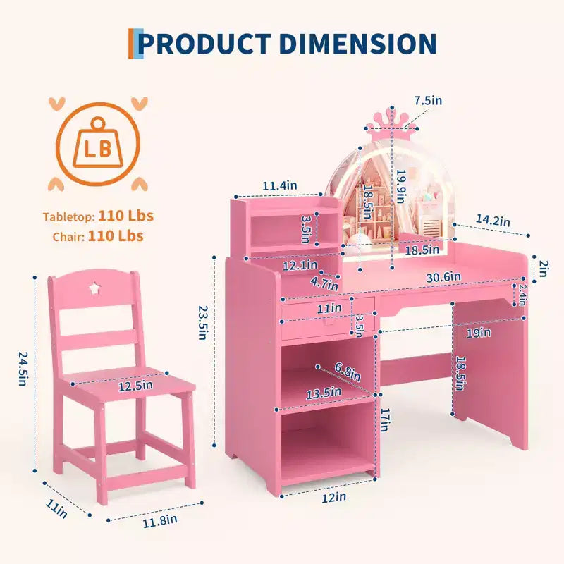 Coiffeuse enfant avec miroir lumineux et tabouret, ensemble de coiffeuse pour petite fille avec étagère ouverte, table de maquillage pour tout-petits filles