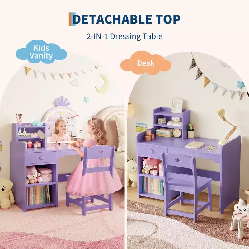 Coiffeuse enfant avec miroir lumineux et tabouret, ensemble de coiffeuse pour petite fille avec étagère ouverte, table de maquillage pour tout-petits filles