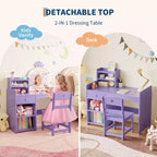 Coiffeuse enfant avec miroir lumineux et tabouret, ensemble de coiffeuse pour petite fille avec étagère ouverte, table de maquillage pour tout-petits filles