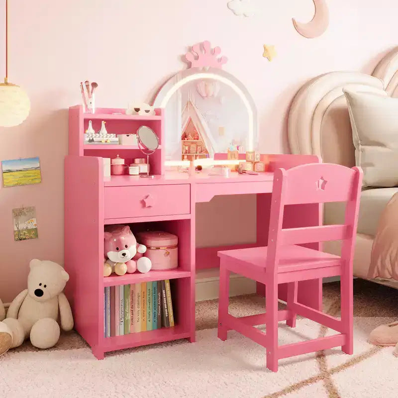 Kids Vanity with Lighted Mirror & Stool, Little Girl Vanity Table Set with Open Bookshelf, Toddler Dressing Table for Girls