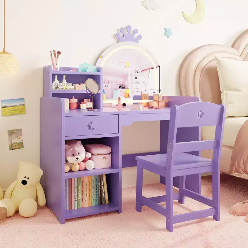 Coiffeuse enfant avec miroir lumineux et tabouret, ensemble de coiffeuse pour petite fille avec étagère ouverte, table de maquillage pour tout-petits filles