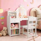 Coiffeuse enfant avec miroir lumineux et tabouret, ensemble de coiffeuse pour petite fille avec étagère ouverte, table de maquillage pour tout-petits filles