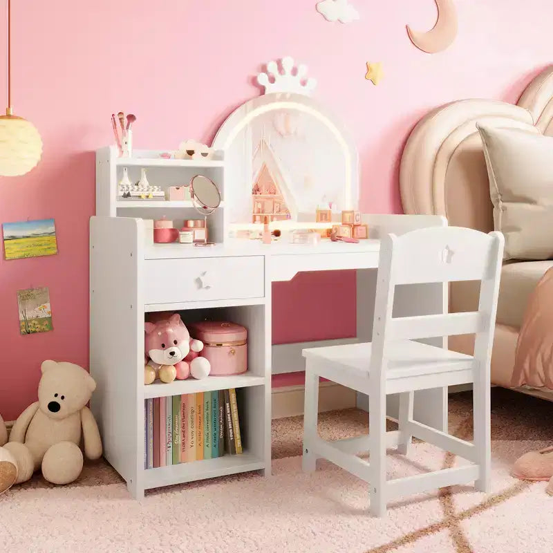 Coiffeuse enfant avec miroir lumineux et tabouret, ensemble de coiffeuse pour petite fille avec étagère ouverte, table de maquillage pour tout-petits filles