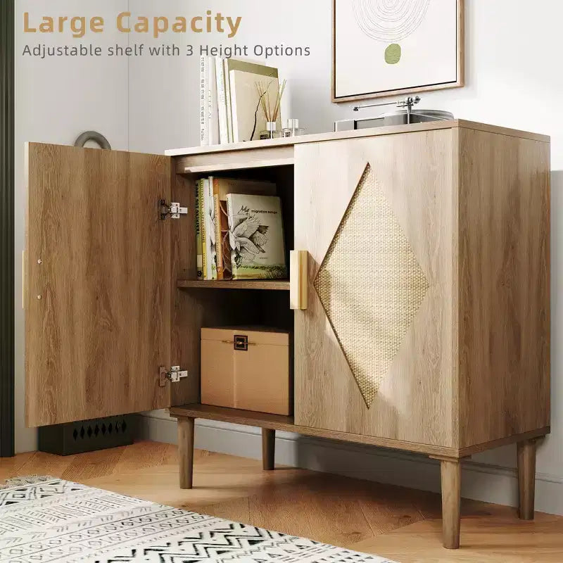 Meuble de rangement GustoWave avec 2 portes décorées en rotin, buffet, meuble d'appoint pour salon, salle à manger, entrée