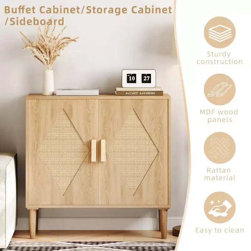 Meuble de rangement GustoWave avec 2 portes décorées en rotin, buffet, meuble d'appoint pour salon, salle à manger, entrée