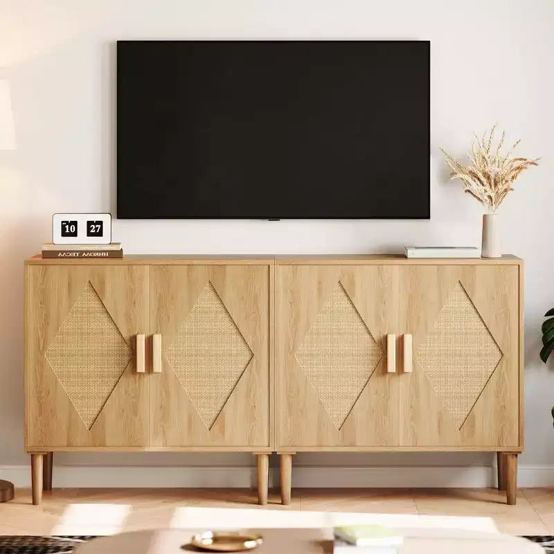 Meuble de rangement GustoWave avec 2 portes décorées en rotin, buffet, meuble d'appoint pour salon, salle à manger, entrée