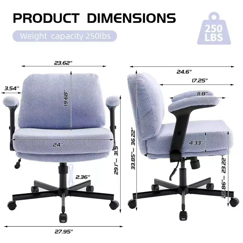 Chaise Criss-Cross à accoudoirs relevables sur roulettes avec coussin épais, siège large, bureau pivotant pour maison/appartement/chambre