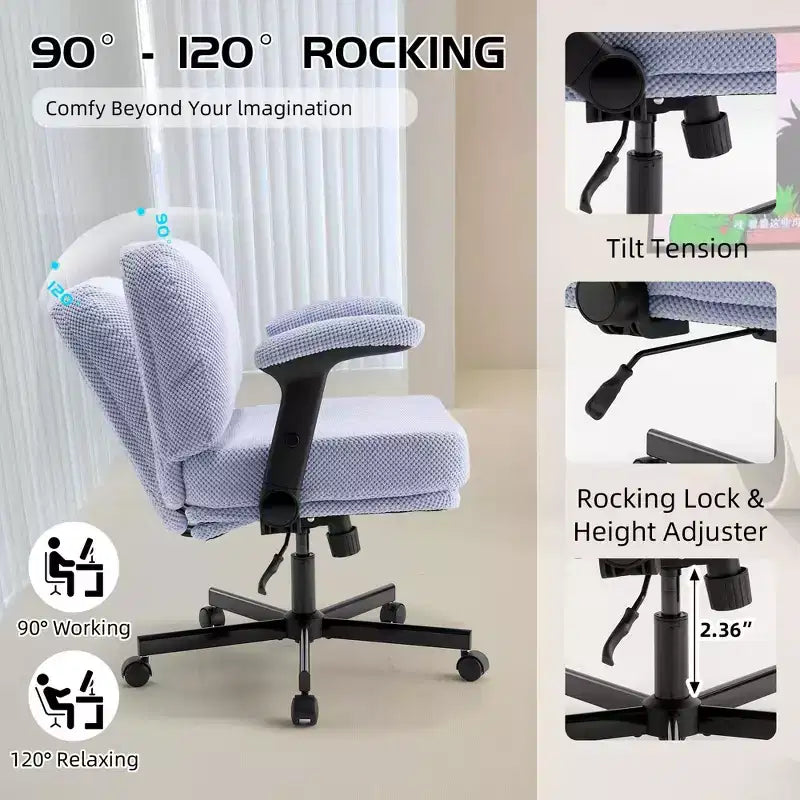 Chaise Criss-Cross à accoudoirs relevables sur roulettes avec coussin épais, siège large, bureau pivotant pour maison/appartement/chambre