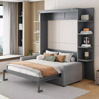 Queen Murphy Bed Wall Bed with Sofa, Queen Size Cabinet Bed Folding Wall Bed with Bookshelf and Shelves for Guest Room Office
