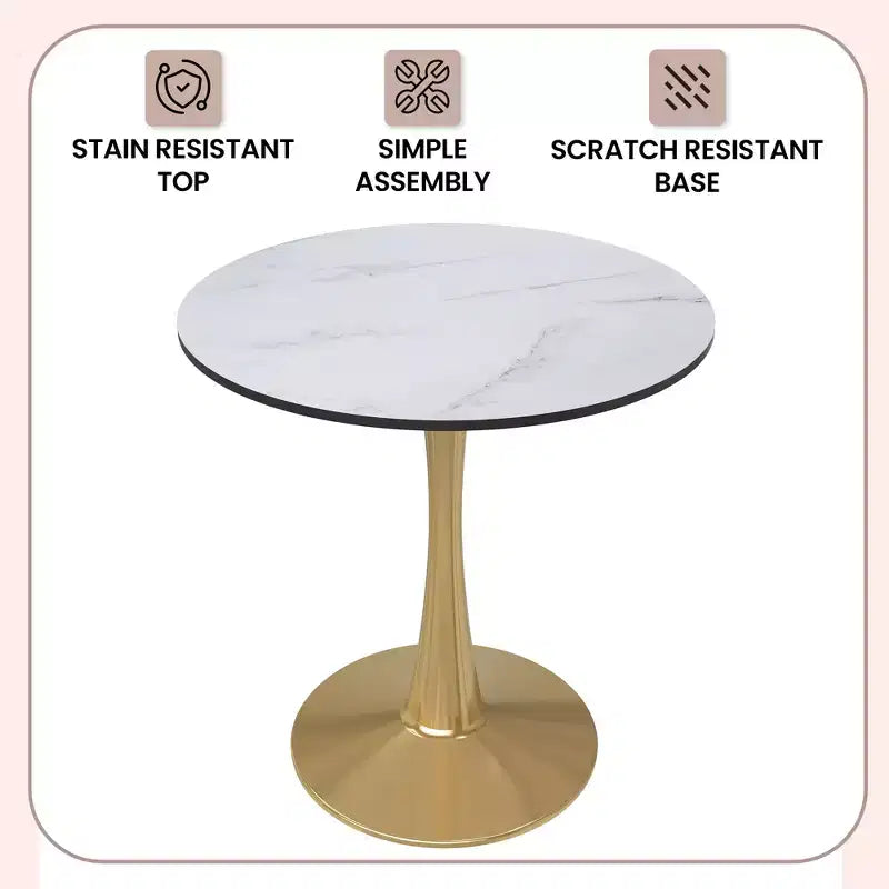 Table à manger ronde LeisureMod Bristol 24, dessus en MDF moderne et table d'appoint à piédestal doré pour café ou salle à manger