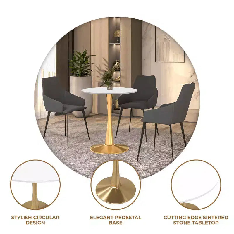 Table à manger ronde LeisureMod Bristol 24, dessus en MDF moderne et table d'appoint à piédestal doré pour café ou salle à manger