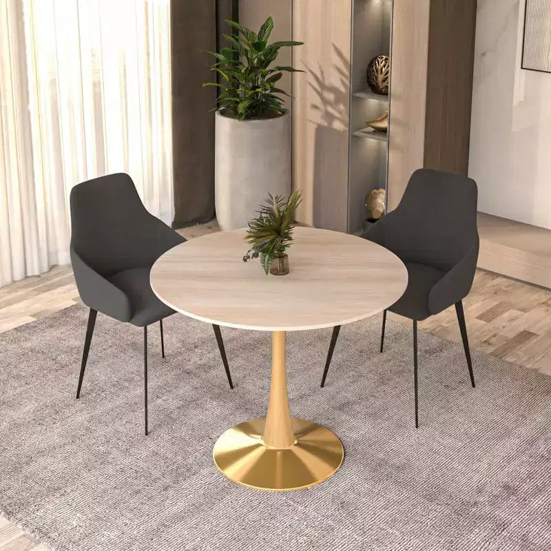 Table à manger ronde LeisureMod Bristol 24, dessus en MDF moderne et table d'appoint à piédestal doré pour café ou salle à manger
