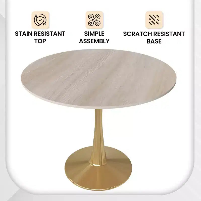 Table à manger ronde LeisureMod Bristol 24, dessus en MDF moderne et table d'appoint à piédestal doré pour café ou salle à manger