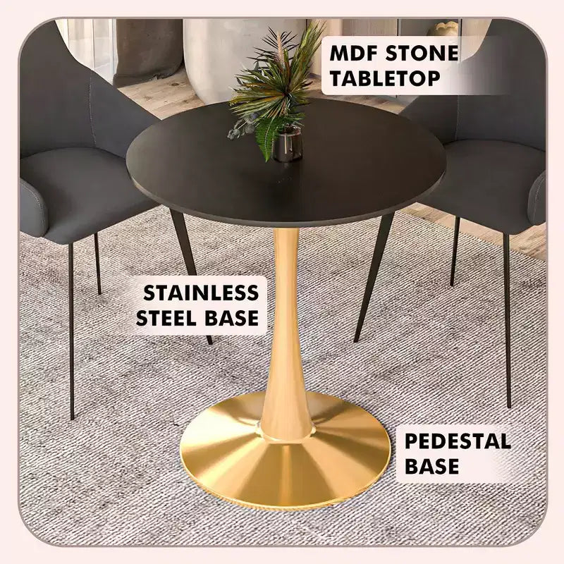 Table à manger ronde LeisureMod Bristol 24, dessus en MDF moderne et table d'appoint à piédestal doré pour café ou salle à manger