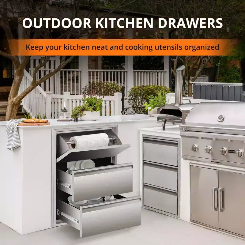 Tiroir de cuisine coulissant en acier inoxydable avec porte-serviettes, support de rangement de gril à trois niveaux, adapté aux îlots de grill et aux patios