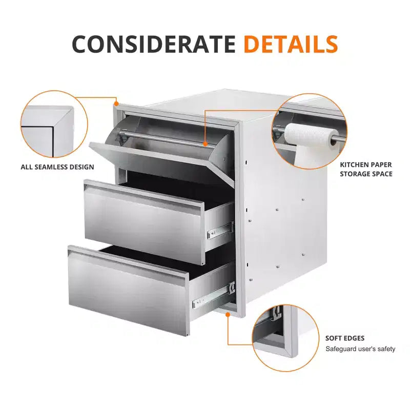 Tiroir de cuisine coulissant en acier inoxydable avec porte-serviettes, support de rangement de gril à trois niveaux, adapté aux îlots de grill et aux patios