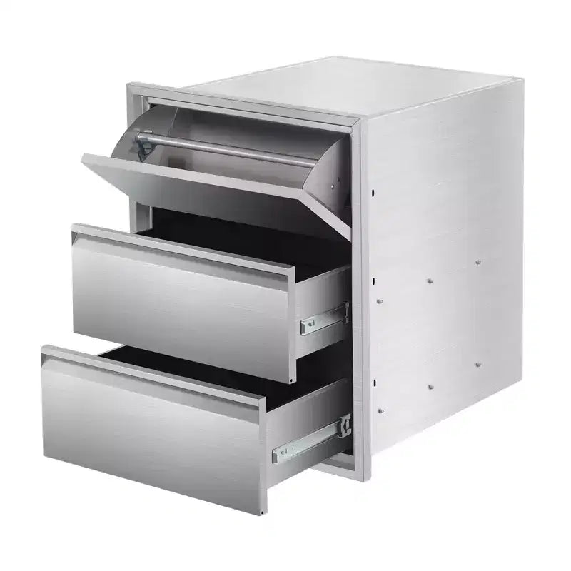 Tiroir de cuisine coulissant en acier inoxydable avec porte-serviettes, support de rangement de gril à trois niveaux, adapté aux îlots de grill et aux patios