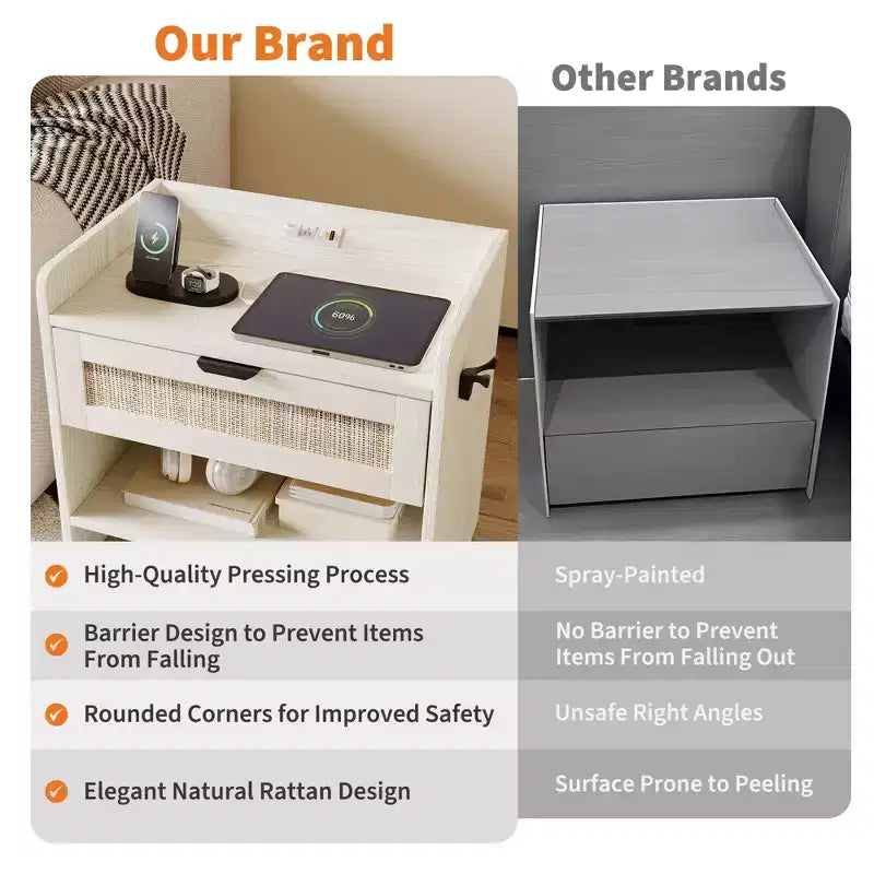 Lot de 2 tables de chevet en rotin, table de chevet avec station de recharge et port USB-C, table de chevet bohème avec tiroir et étagère ouverte, table d'appoint