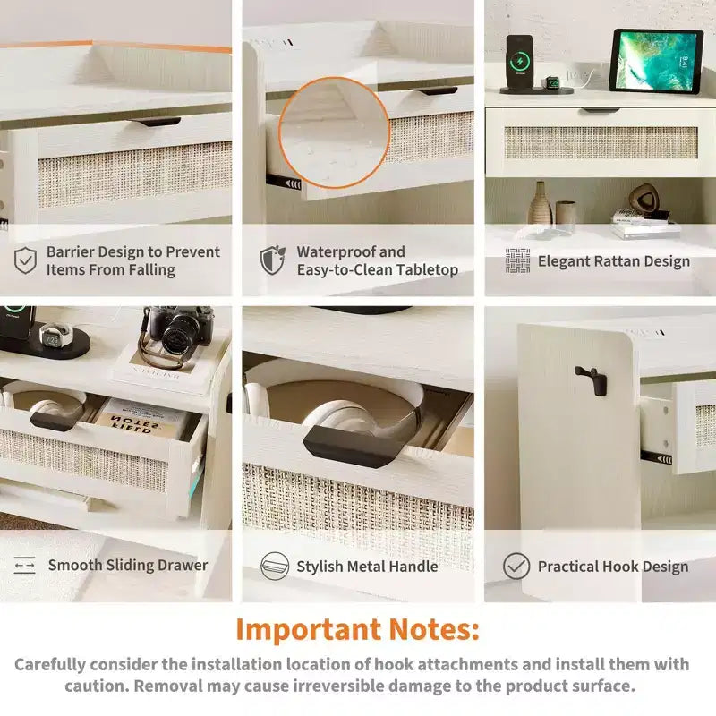 Lot de 2 tables de chevet en rotin, table de chevet avec station de recharge et port USB-C, table de chevet bohème avec tiroir et étagère ouverte, table d'appoint