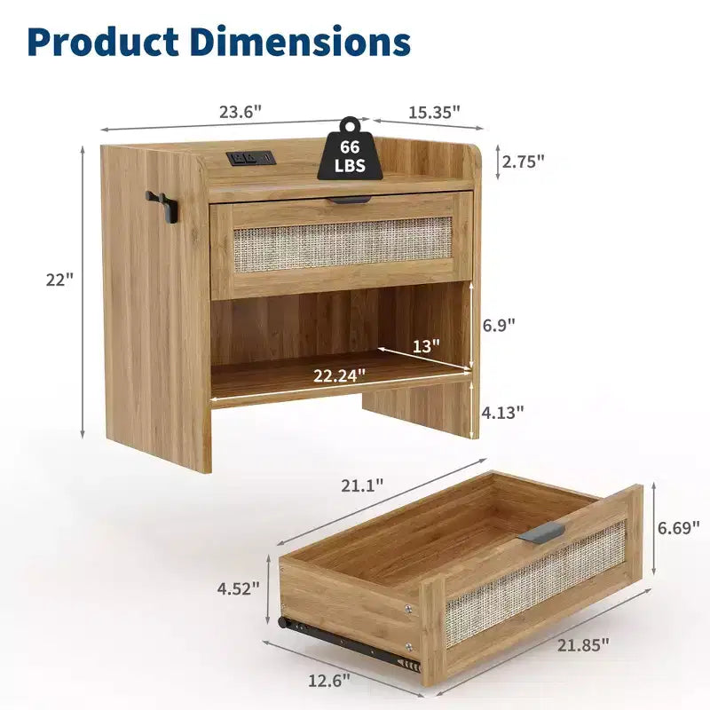 Lot de 2 tables de chevet en rotin, table de chevet avec station de recharge et port USB-C, table de chevet bohème avec tiroir et étagère ouverte, table d'appoint